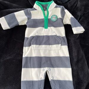 Carter's Gray and White Striped Fleece One-Piece with Green Trim